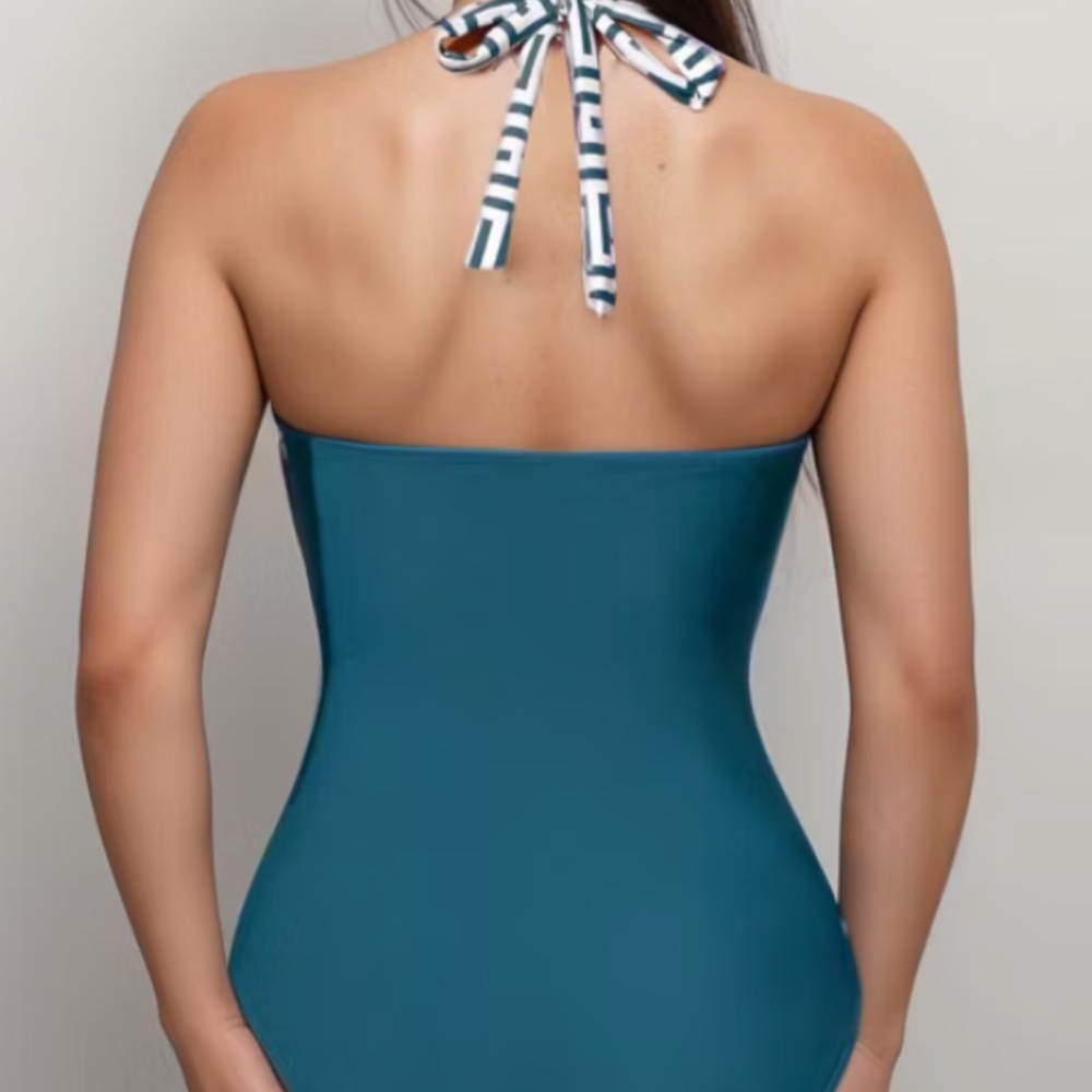 Anna-Kaci Swim Women's One Piece Halter Swimsuit with Geometric Side Panels Teal - Picture 2 of 2